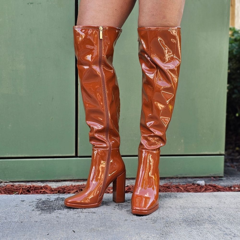 Women's Tan Thigh High Over the Knee Boots Chuncky Heel
